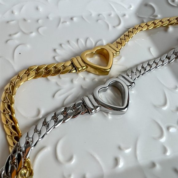 Heart Choker Thick Chain Necklace Thick Choker Heart Chain Heart Pendant Chain - Picture 9 of 14